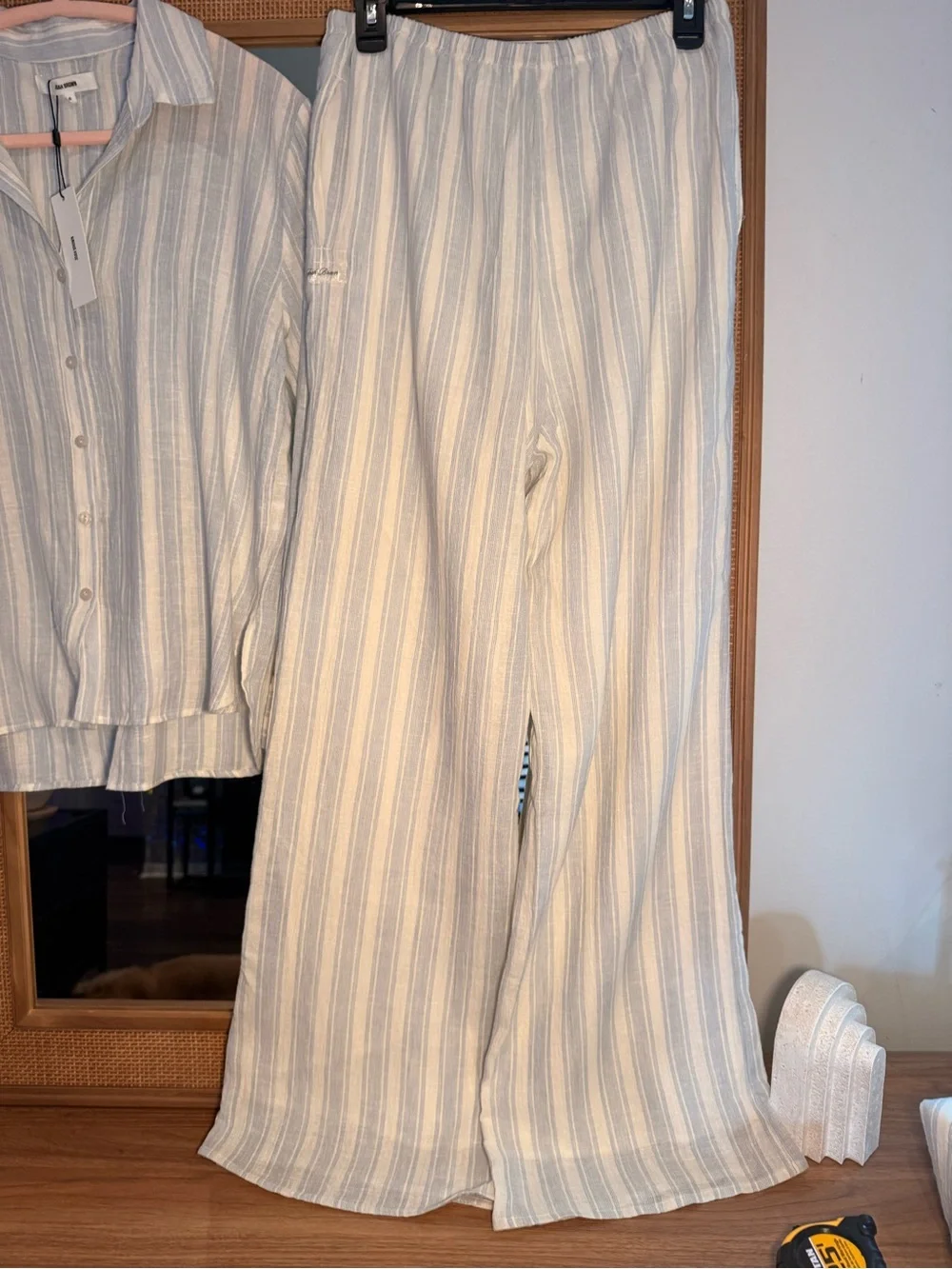 Joah Brown NWT Classic Button Down Natural White & Blue Stripe Gauze